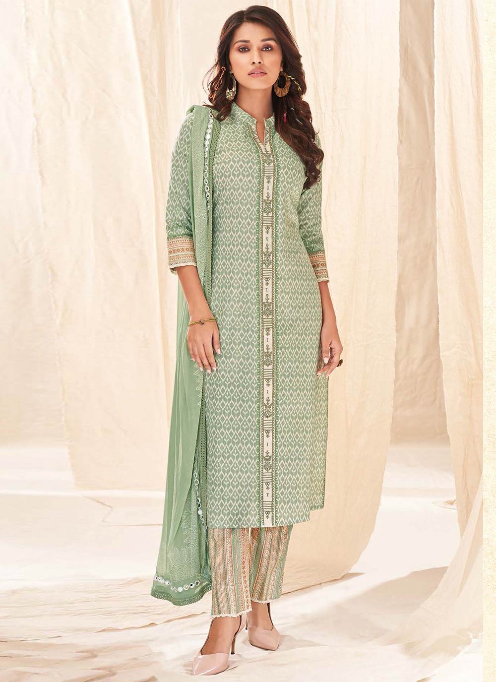 Fancy Cotton Pant Style Suit in Green