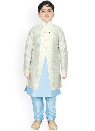 Fancy Dupion Silk Off White and Turquoise Jacket Style