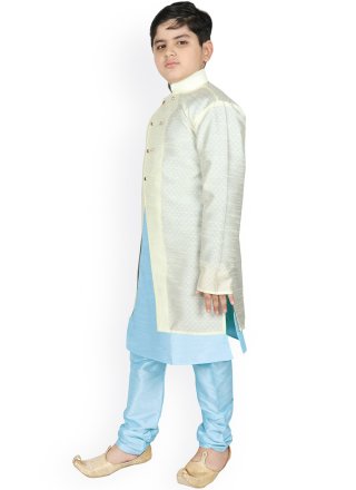 Fancy Dupion Silk Off White and Turquoise Jacket Style