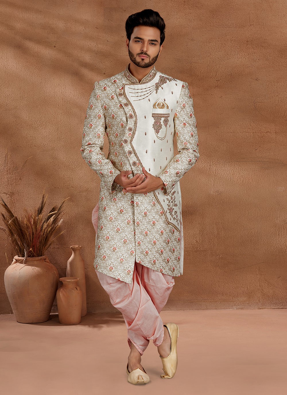 Fancy Fabric Embroidered Pink Indo Western Sherwani