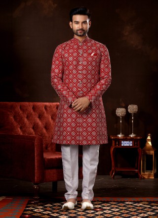 Fancy Fabric Embroidered Sherwani in Maroon