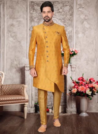 Fancy Fabric Indo Western Sherwani in Gold