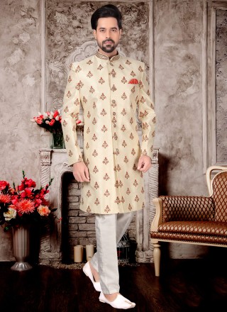 Fancy Fabric Jacquard Work Indo Western Sherwani in Cream