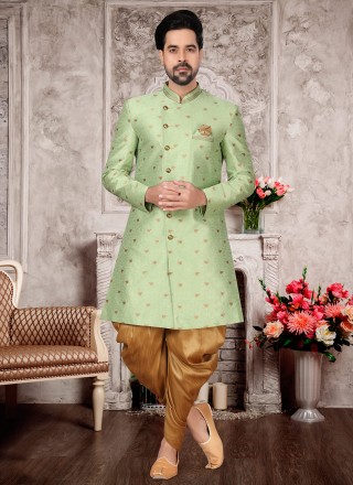 Fancy Fabric Jacquard Work Indo Western Sherwani in Green