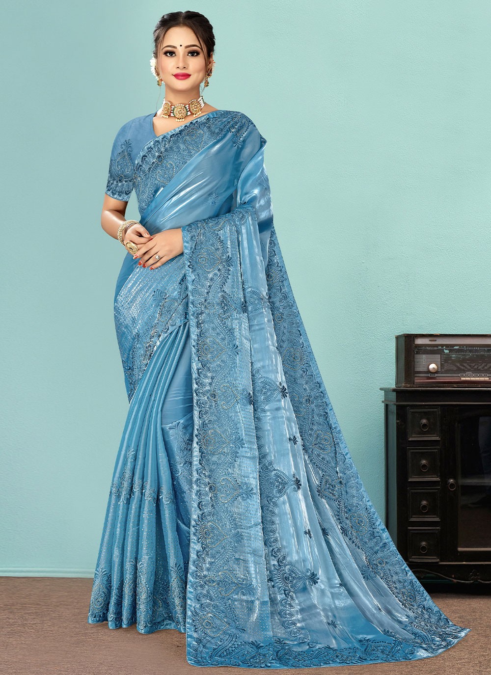 Fancy Fabric Navy Blue Embroidered Classic Saree