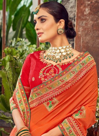 Fancy Fabric Orange Embroidered Traditional Saree