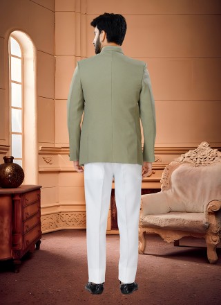 Fancy Fabric Plain Jodhpuri Suit in Green