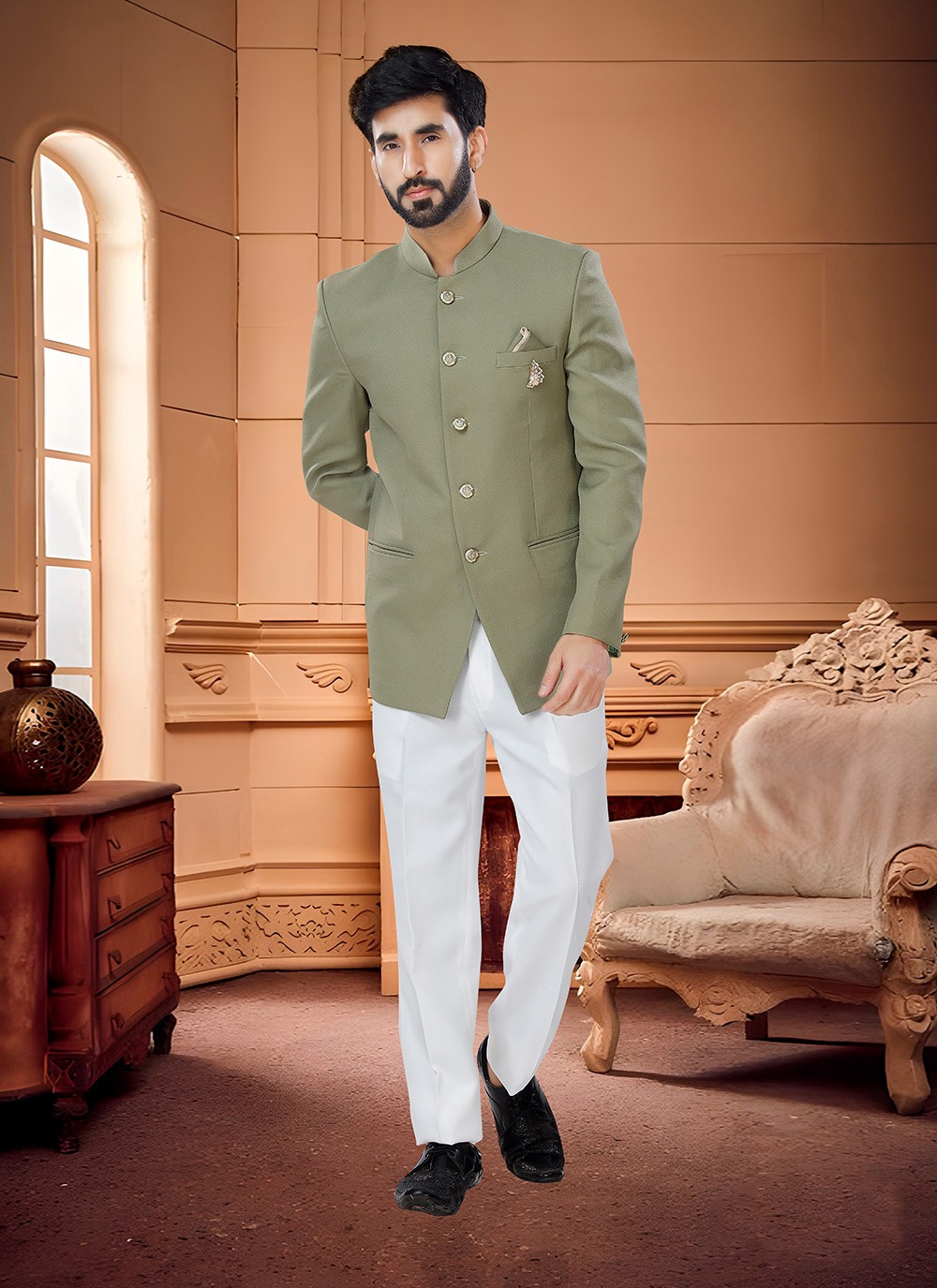 fancy fabric plain jodhpuri suit in green 241203