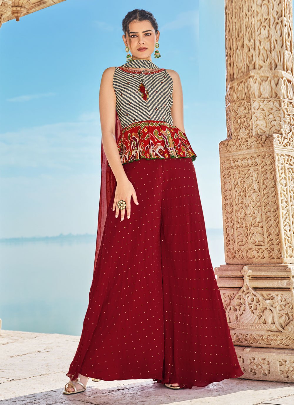 Fancy Fabric Red Printed Designer Palazzo Salwar Suit