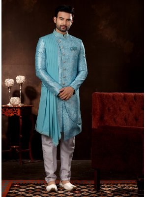 Fancy Fabric Turquoise Jacquard Work Sherwani