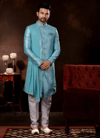 Fancy Fabric Turquoise Jacquard Work Sherwani