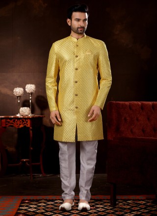 Fancy Fabric Embroidered Sherwani In Yellow