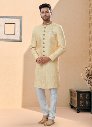 Fancy Fabric Yellow Indo Western Sherwani