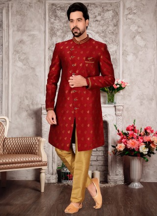 Fancy Fabric Zari Indo Western Sherwani in Maroon