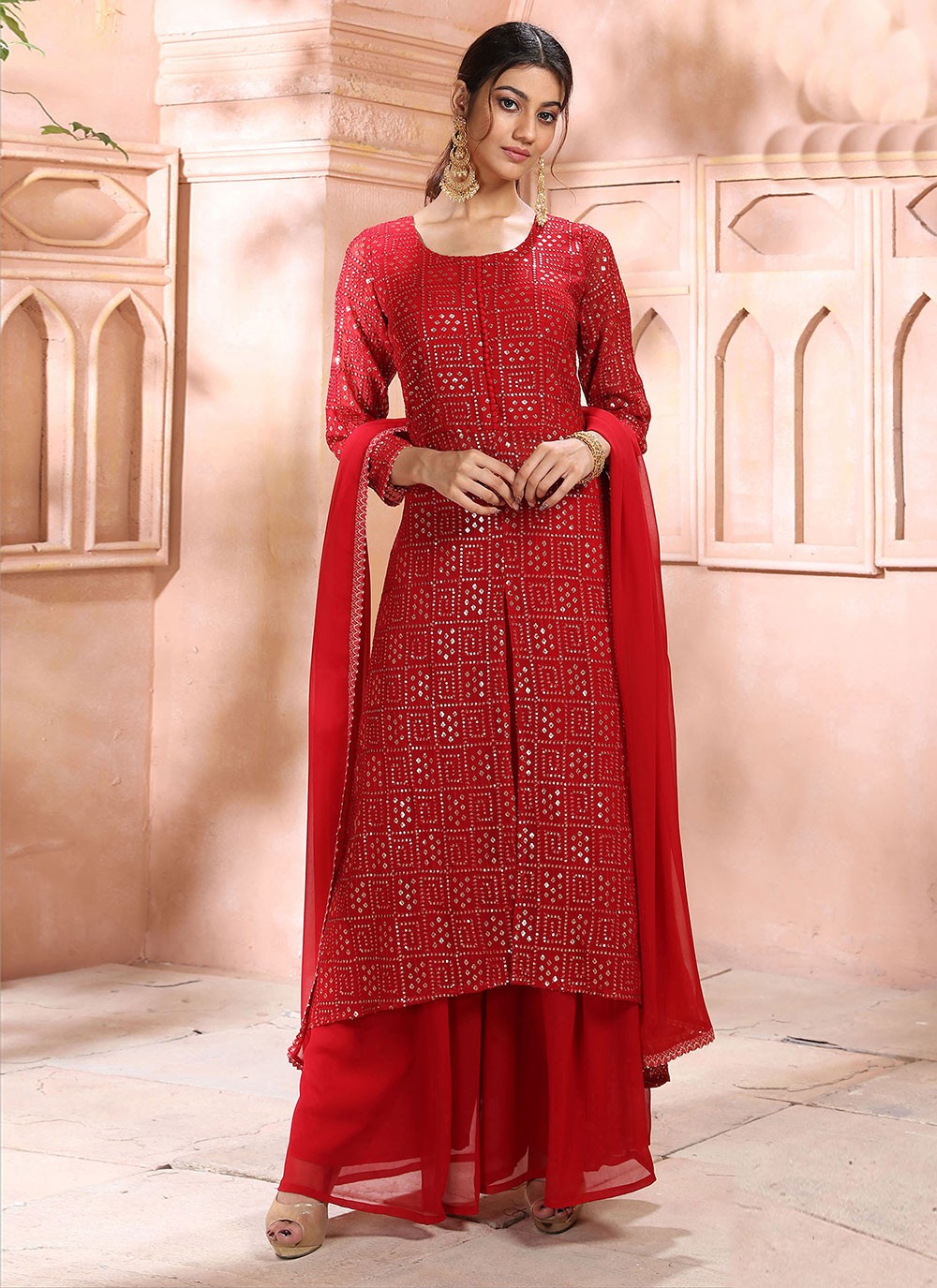 Fancy Georgette Designer Palazzo Suit in Red