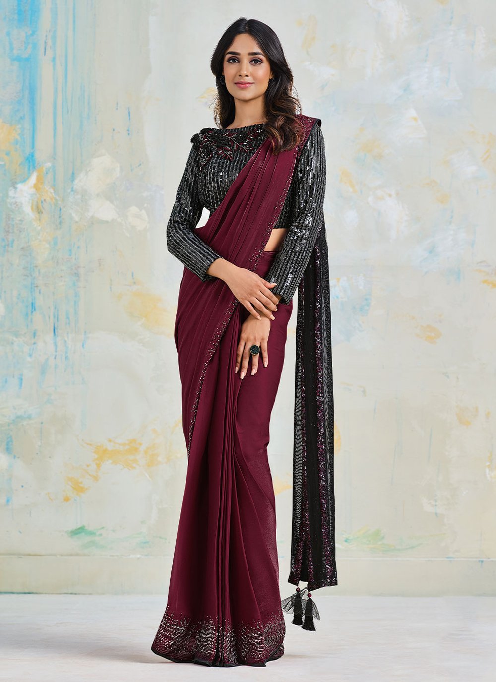 Satin Georgette Stone Work Saree In Wine Colour - SR1543451