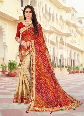 Faux Chiffon Beige and Red Shaded Saree