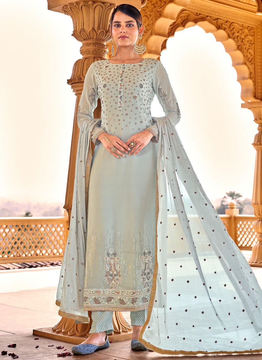 Faux Chiffon Embroidered Designer Straight Suit