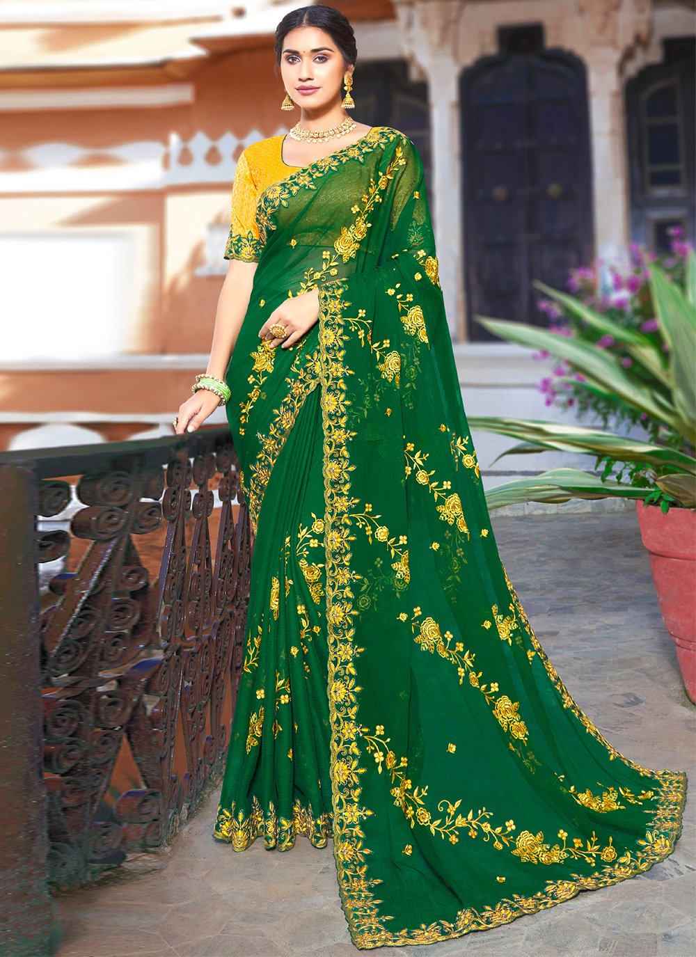 Faux Chiffon Embroidered Green Designer Saree