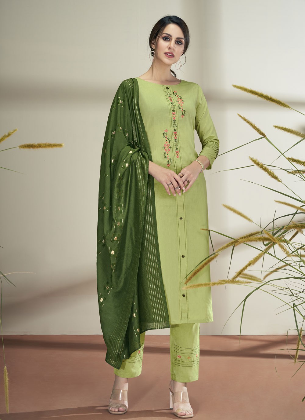 Faux Chiffon Embroidered Pant Style Suit in Green