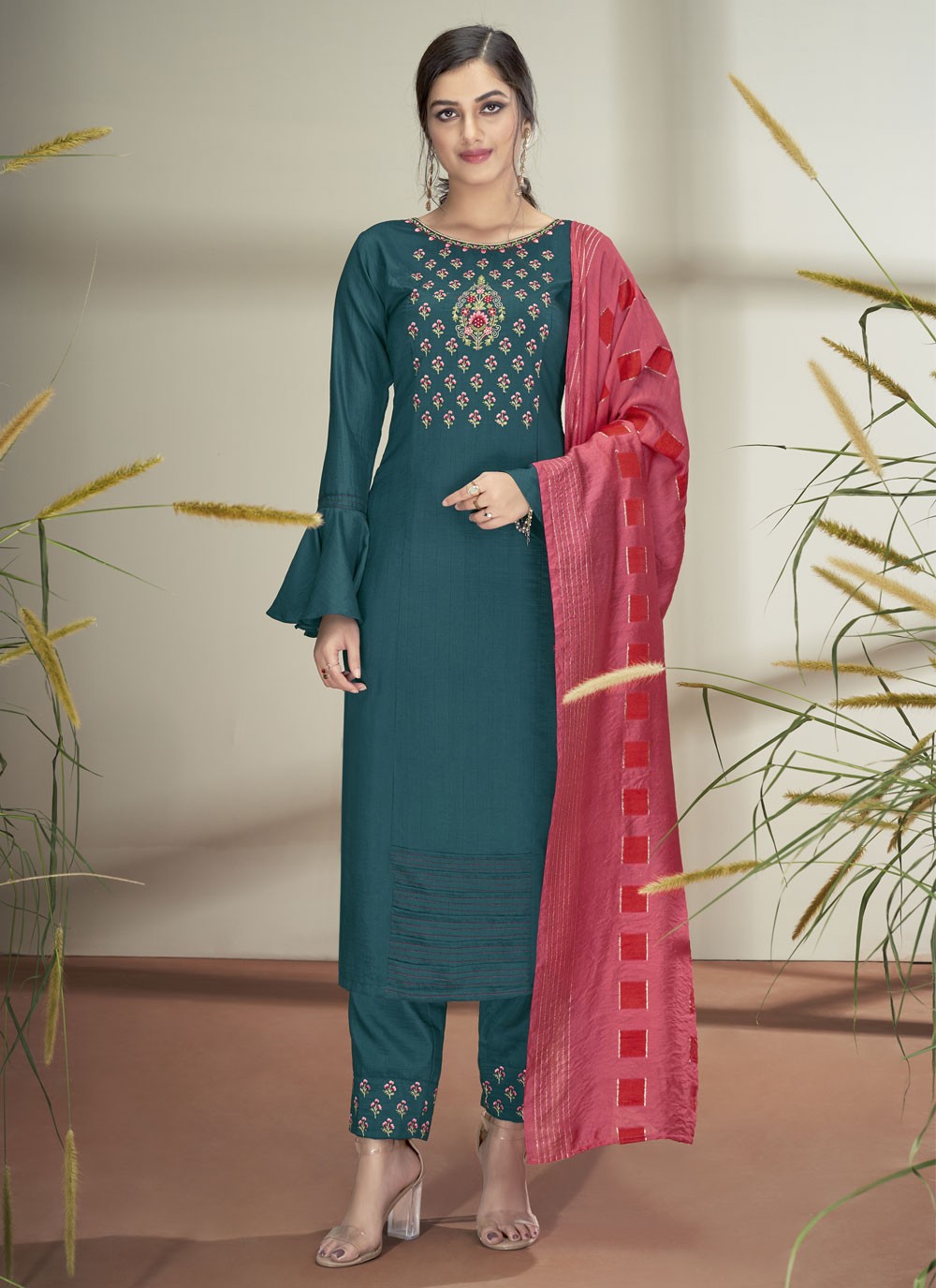 Faux Chiffon Embroidered Teal Pant Style Suit
