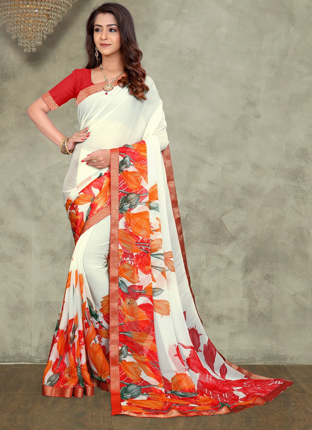 Faux Chiffon Floral Print Off White and Red Saree