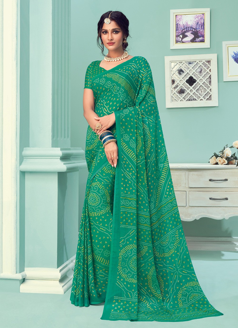 Faux Chiffon Printed Trendy Saree in Green