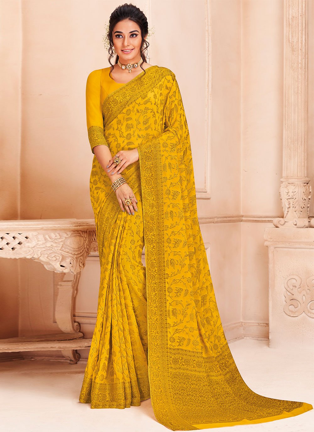 Faux Chiffon Yellow Weaving Designer Saree
