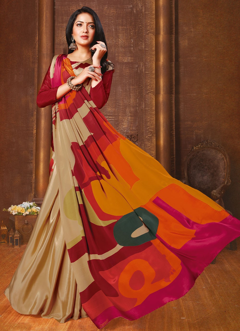 Faux Crepe Abstract Print Beige Contemporary Style Saree