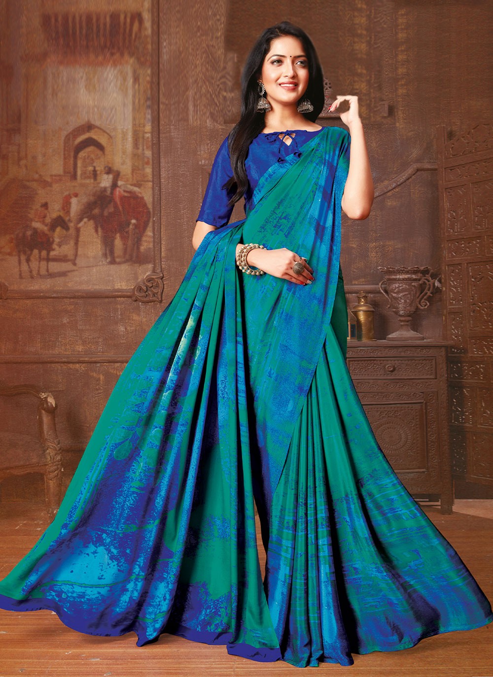 Faux Crepe Abstract Print Blue Contemporary Style Saree