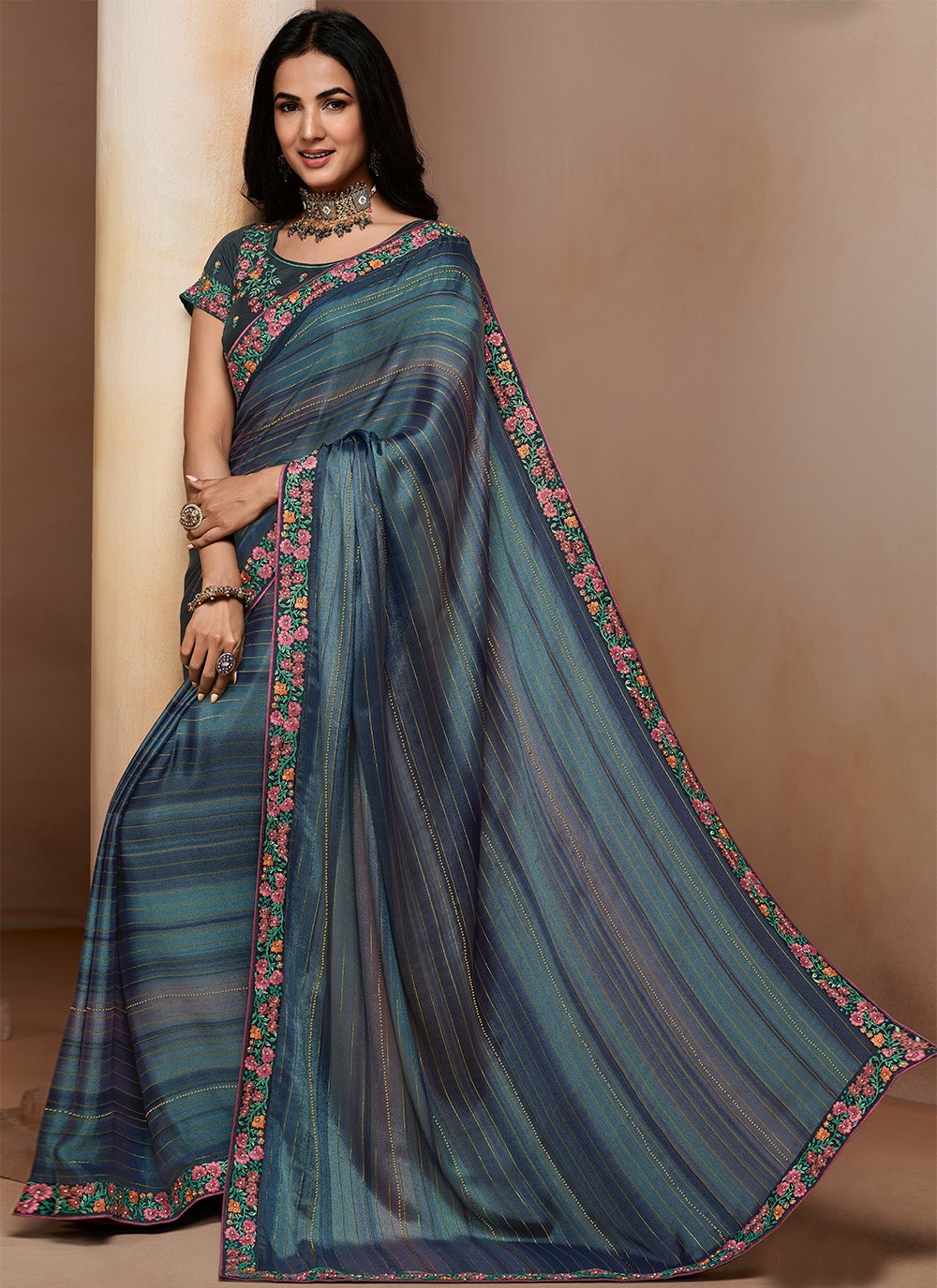 Faux Crepe Embroidered Designer Traditional Saree in Grey