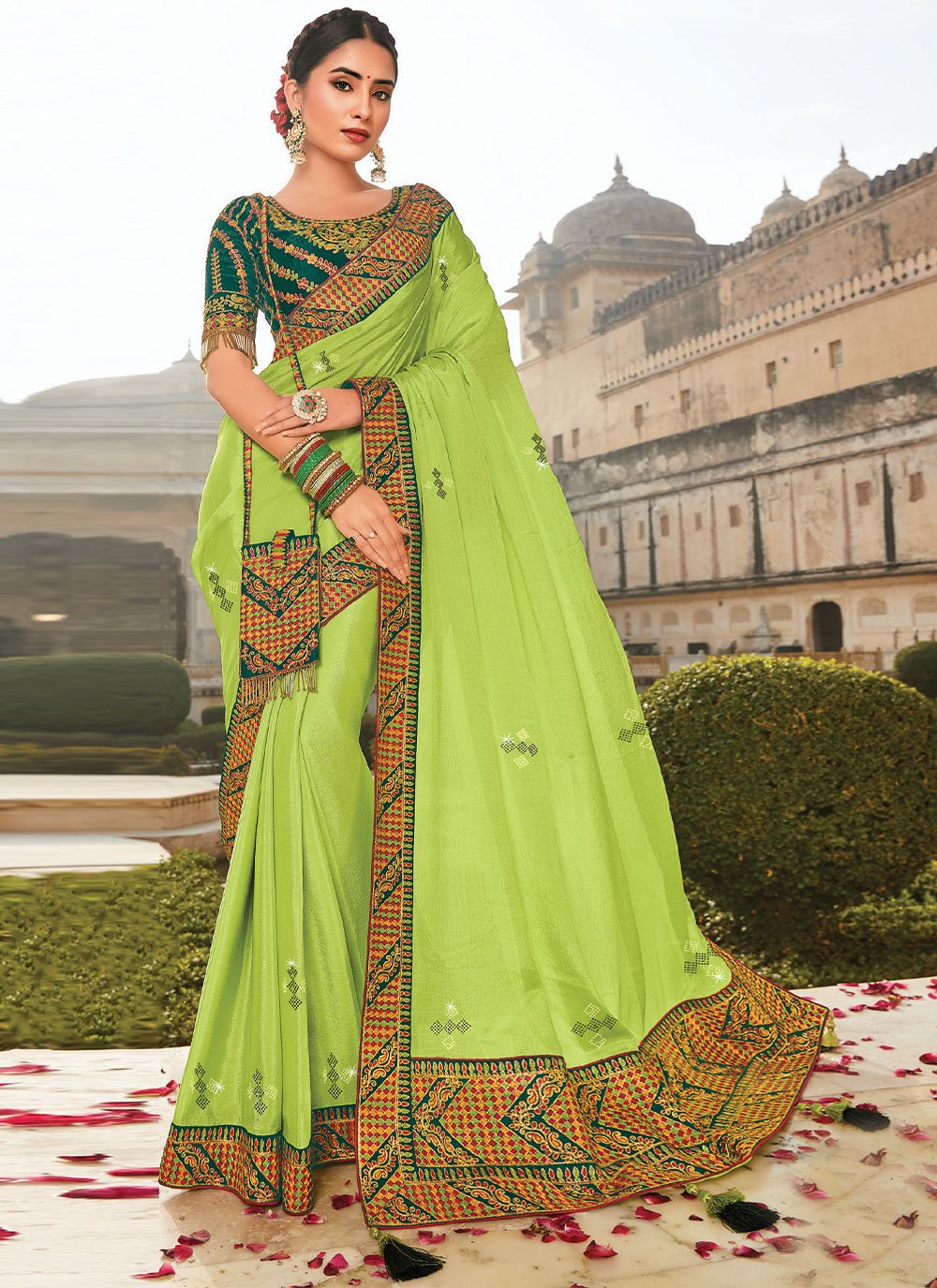 Faux Crepe Embroidered Traditional Saree in Green