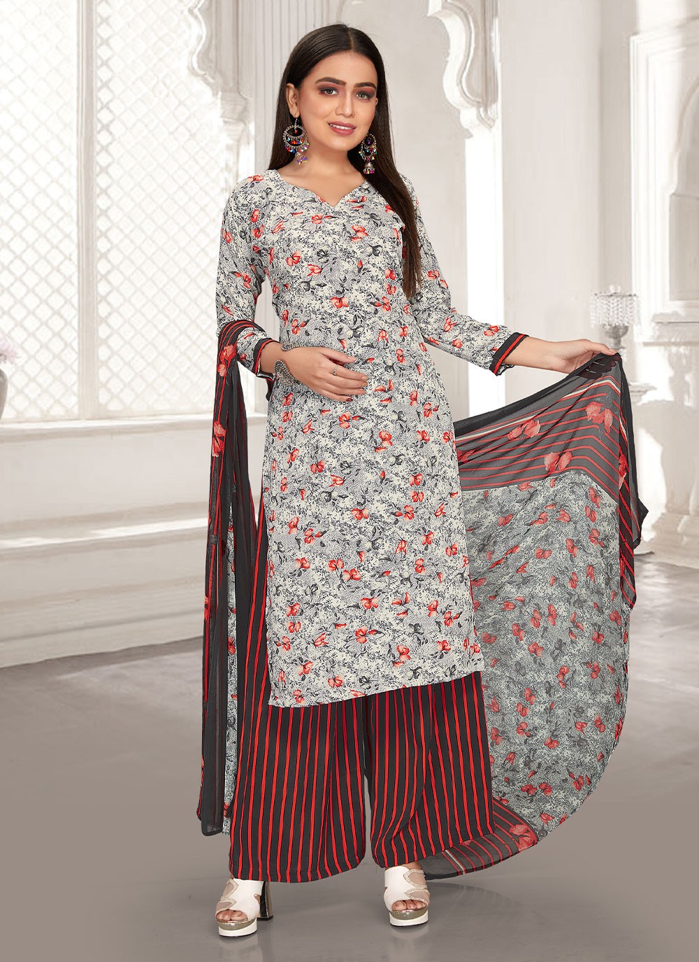 Faux Crepe Multi Colour Floral Print Trendy Salwar Suit
