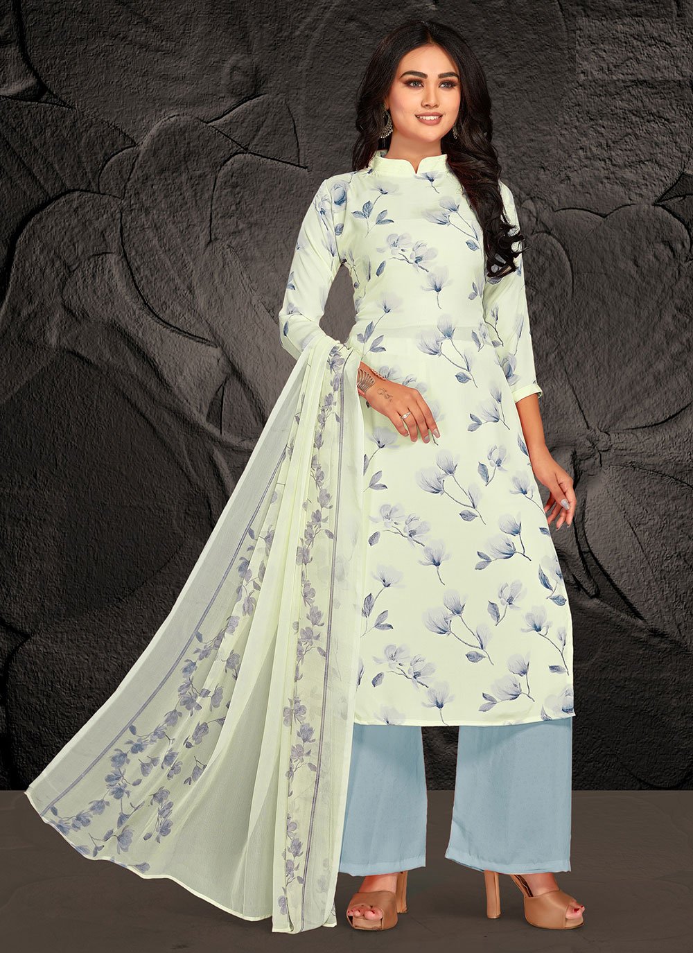 Faux Crepe Printed Off White Salwar Suit