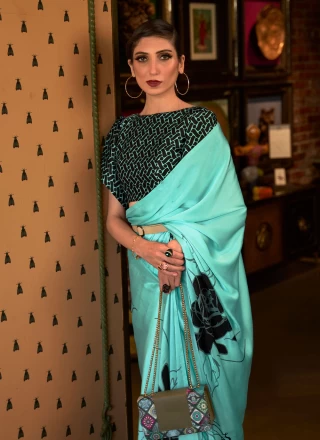 Abstract Print Trendy Saree In Turquoise