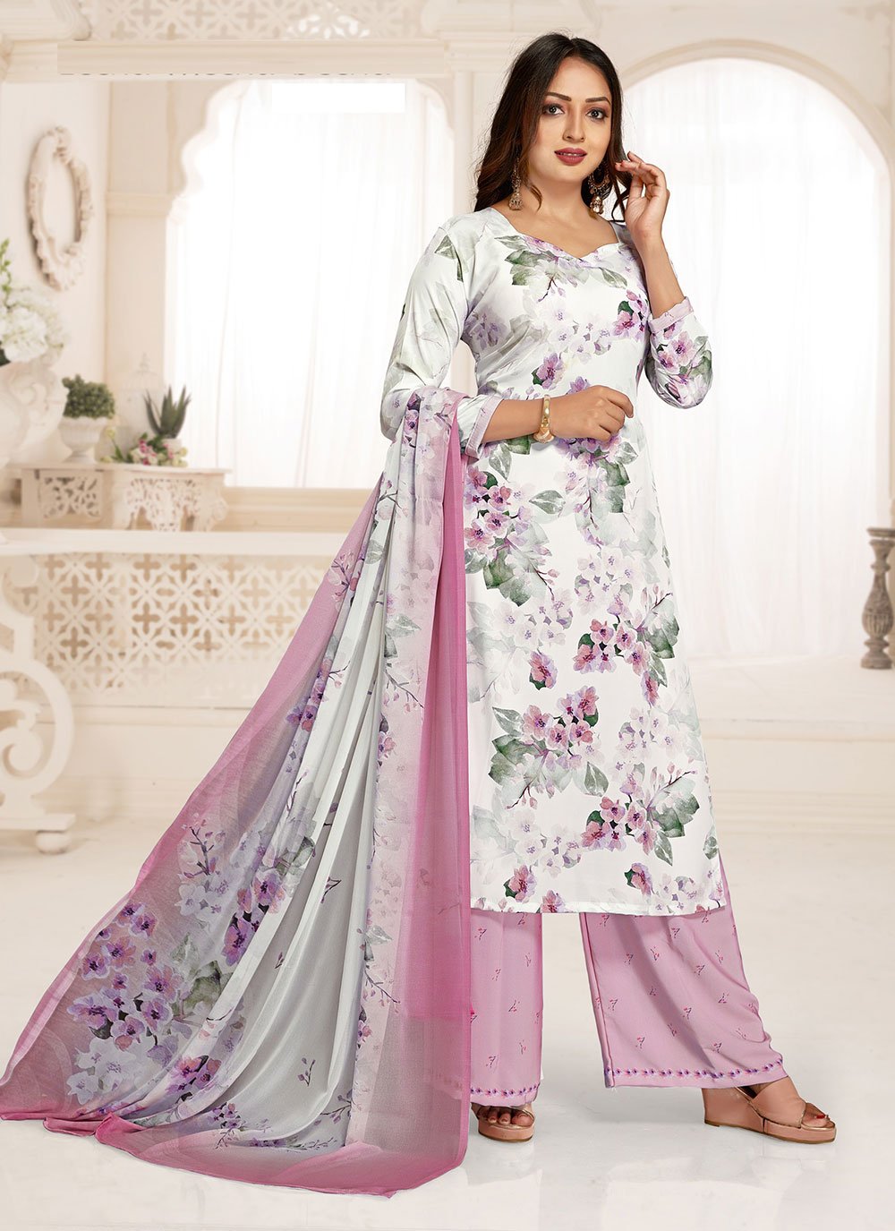 Faux Crepe White Readymade Salwar Suit