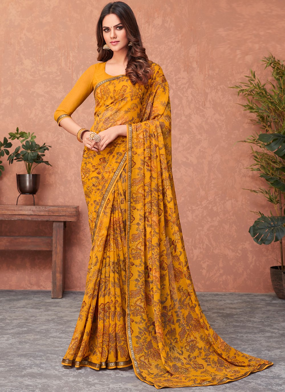 Faux Georgette Abstract Print Saree in Mustard