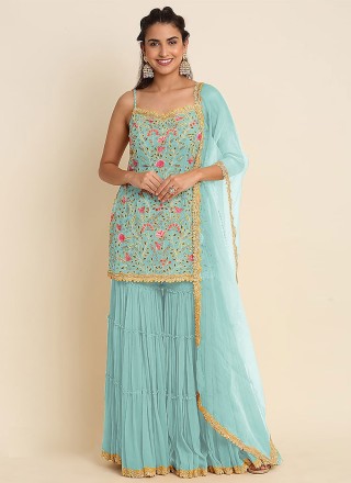 Faux Georgette Aqua Blue Trendy Salwar Kameez