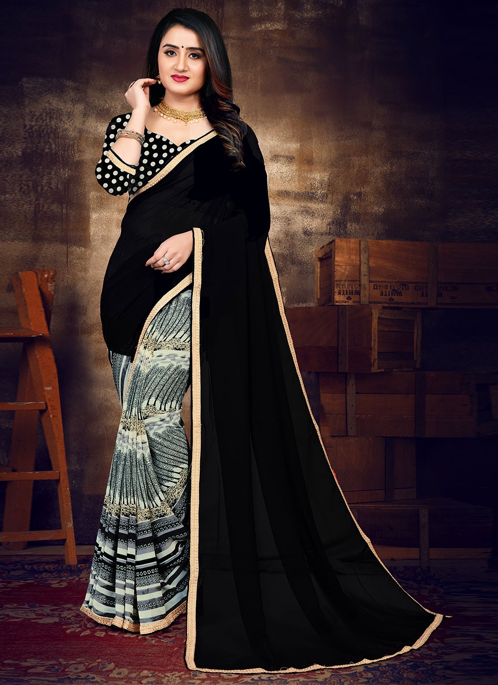 Heavy Sequin Saree Black Half N Half