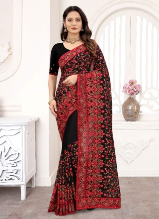 Faux Georgette Black Resham Designer Saree