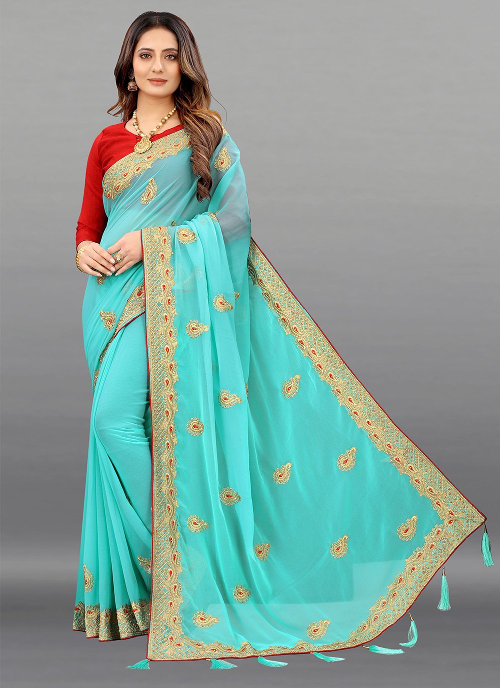 Faux Georgette Blue Embroidered Classic Saree