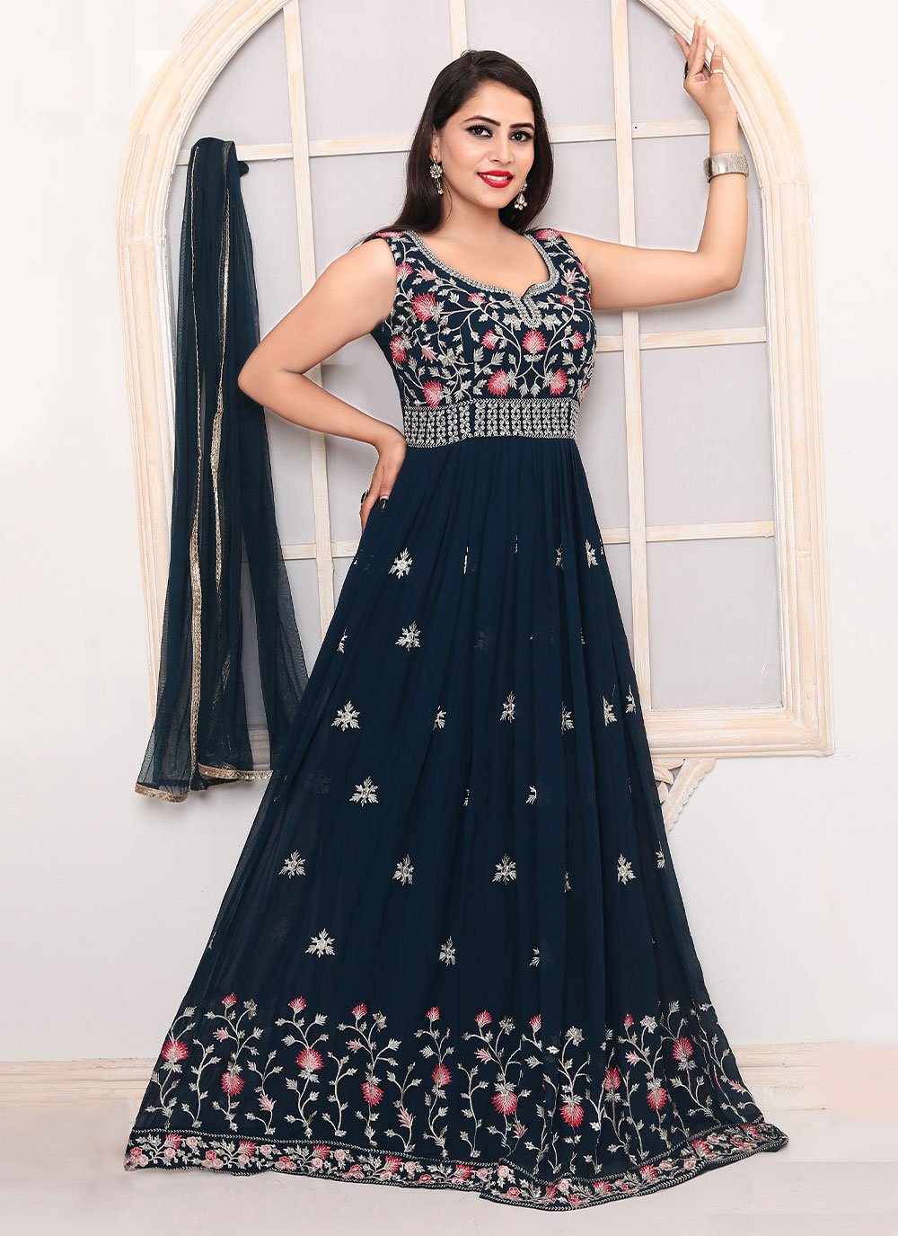 Faux Georgette Blue Embroidered Gown 