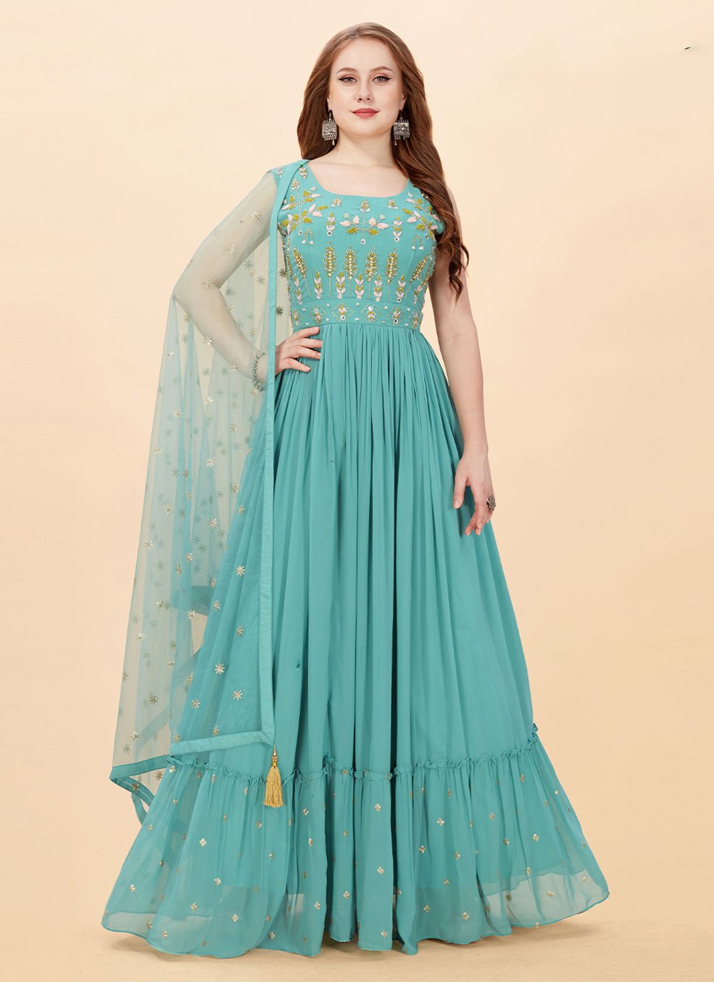 Faux Georgette Blue Embroidered Trendy Gown