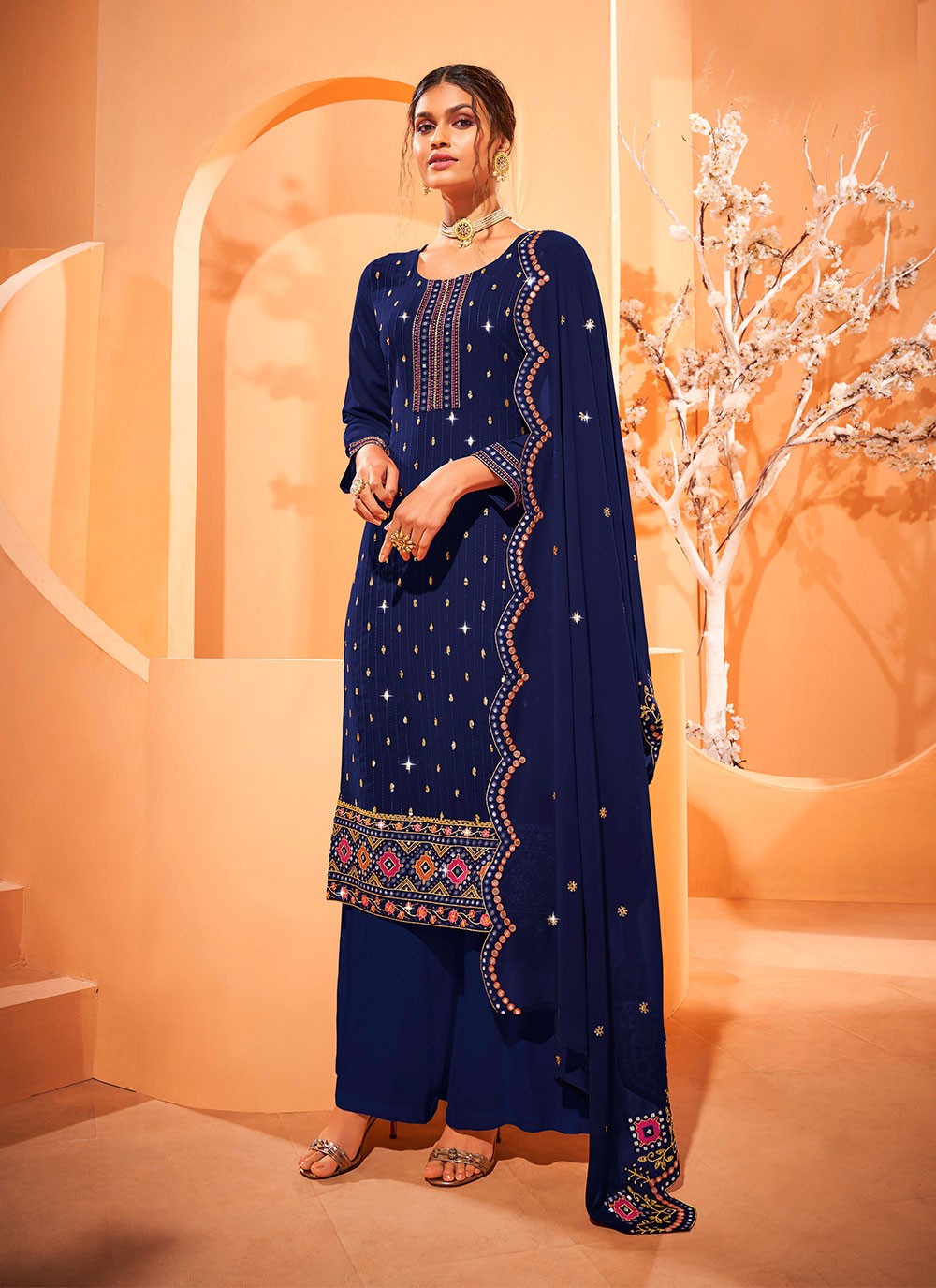 Faux Georgette Blue Mirror Designer Pakistani Salwar Suit
