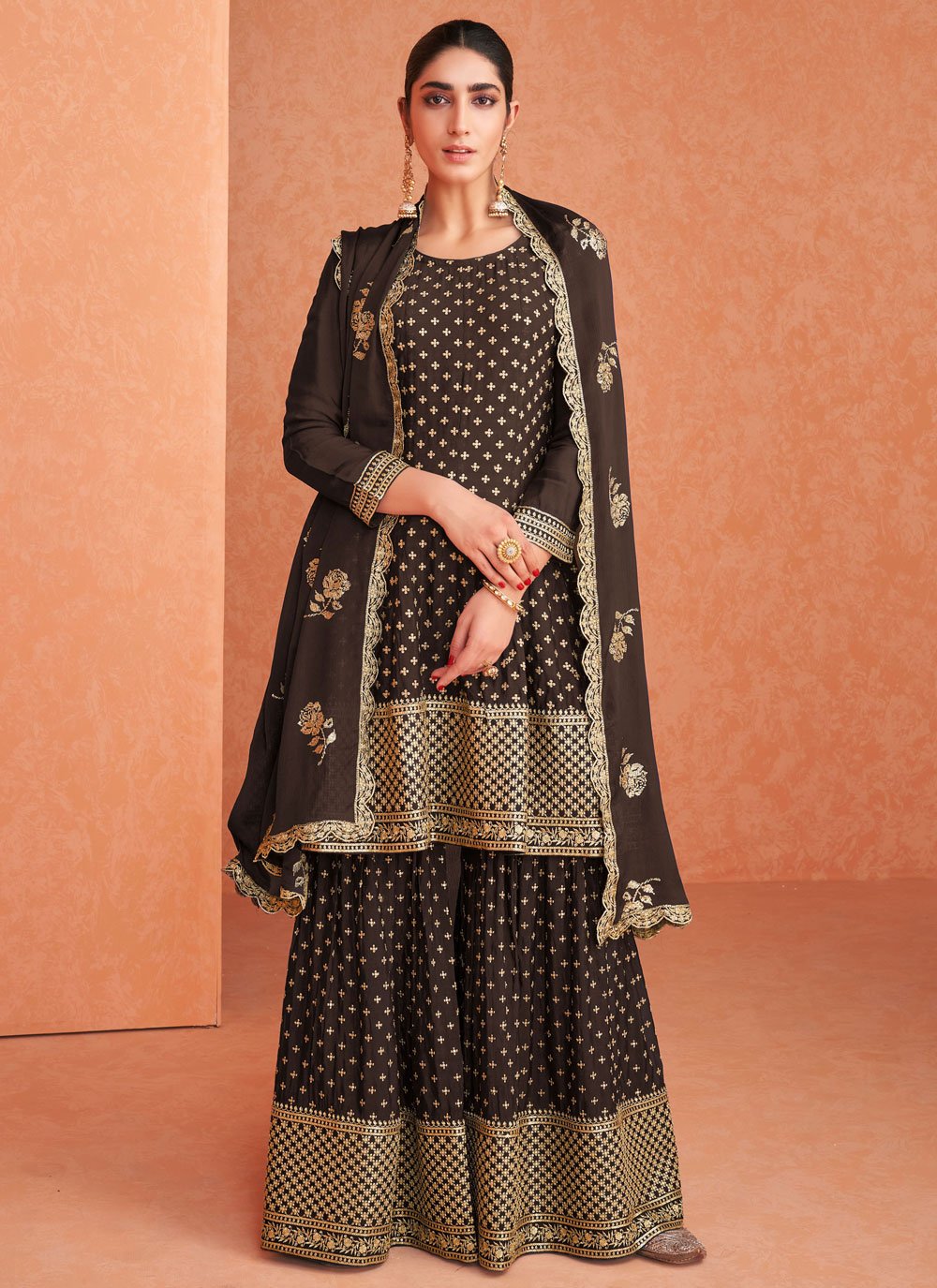 Faux Georgette Brown Embroidered Designer Palazzo Suit