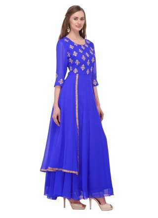 Faux Georgette Embroidered Anarkali Suit in Blue