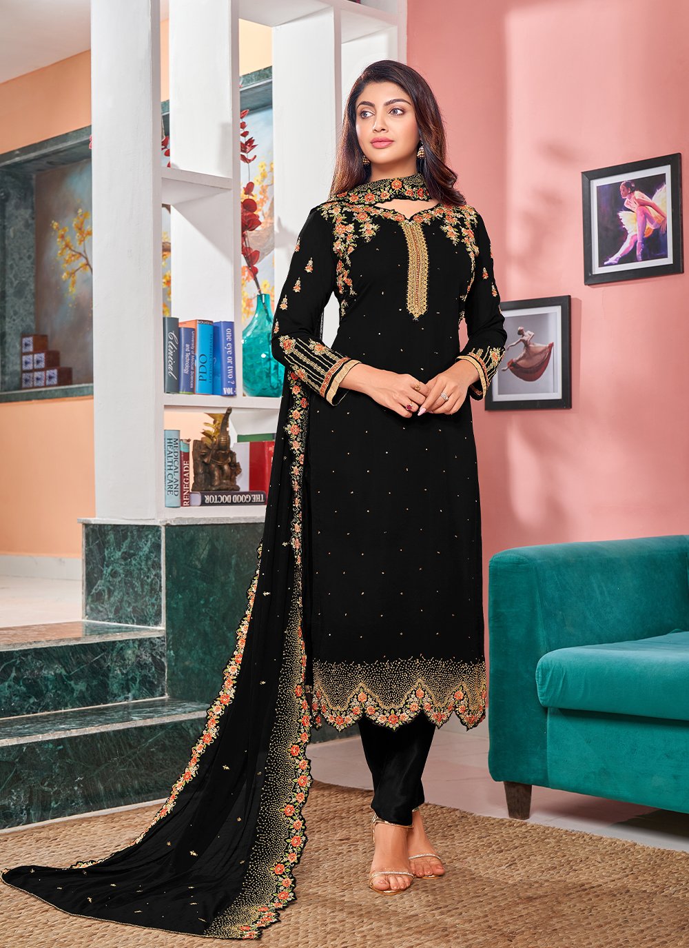 Faux Georgette Embroidered Black Pant Style Suit