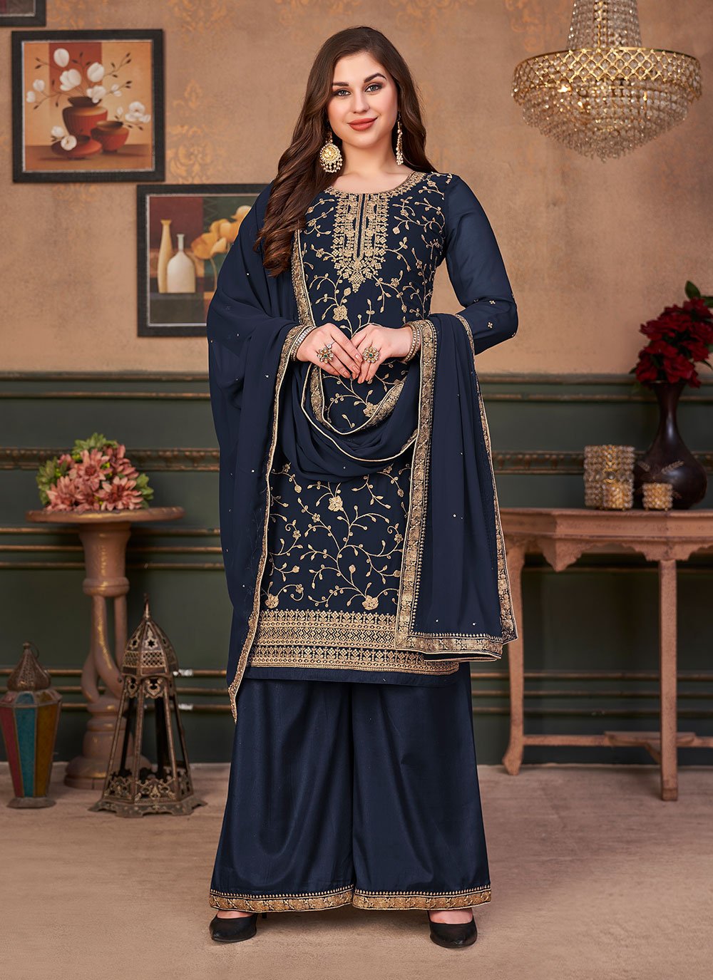 Faux Georgette Embroidered Blue Designer Pakistani Suit