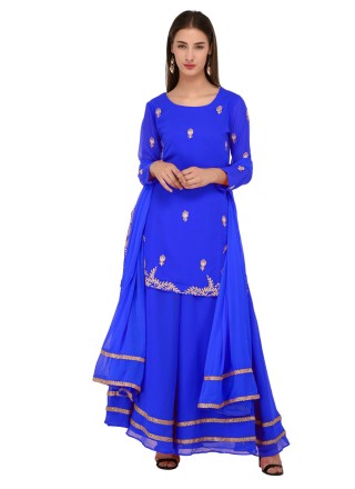 Faux Georgette Embroidered Blue Designer Palazzo Suit