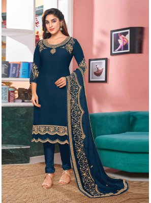 Faux Georgette Embroidered Churidar Designer Suit in Blue